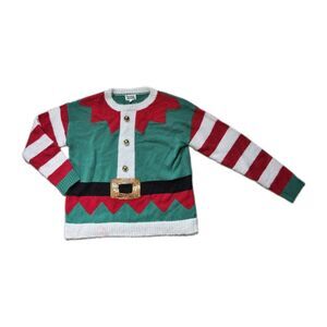 Major Major Christmas Elf Ugly Sweater Green Red Striped Sequin Belt Womens M